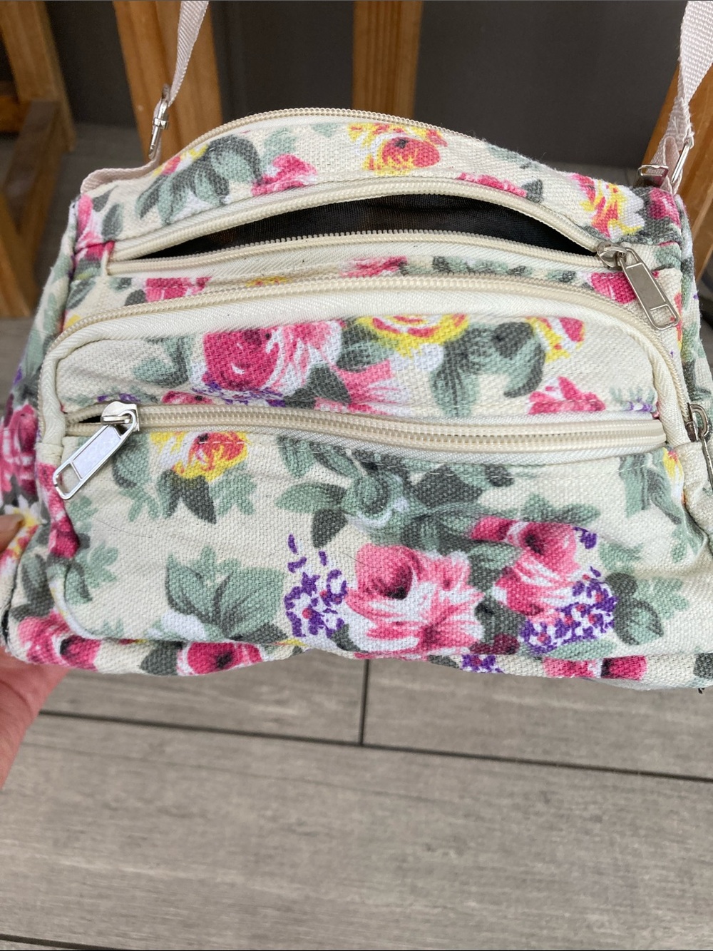 Floral Canvas Crossbody Bag in Cream and Pink